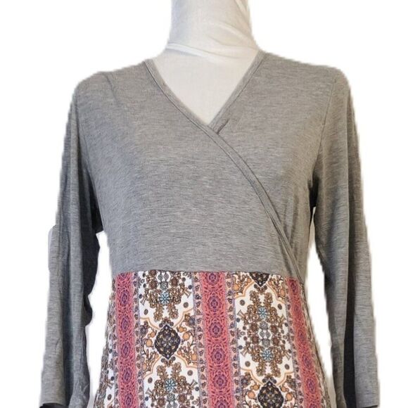 Chris & Carol Boho Floral Dress Medium Gray Bell Sleeve Empire Waist Rayon M - Picture 2 of 6